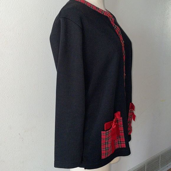 Vintage Holiday Cardigan Jacket size S Petite Plaid Trim Bow Buttons - Picture 5 of 8